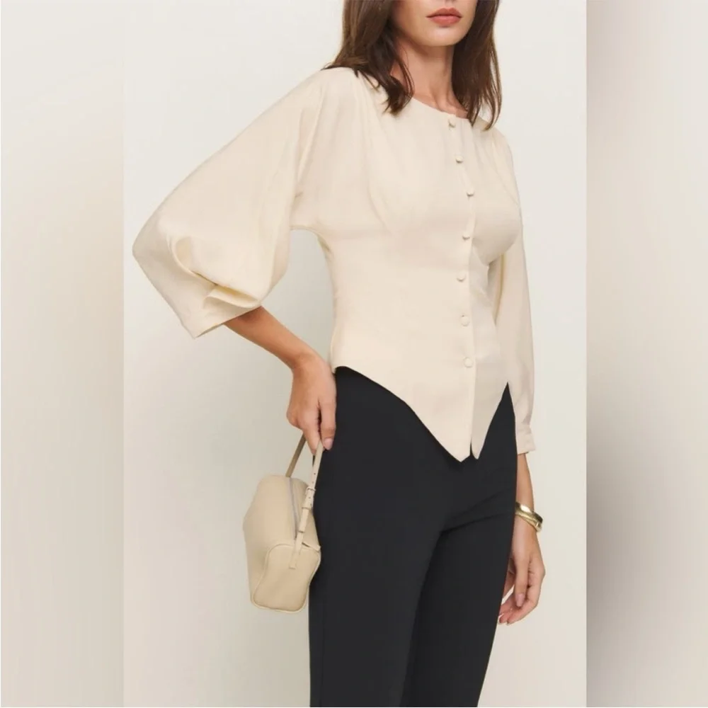 Reformation Ivory Sculpted Waist Button-Front Blouse - Picture 1 of 7